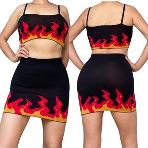 36 Points Womens Matching Set Outfit Small S Black Fire Flames Top Crop Skirt